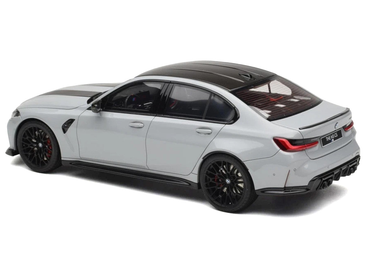 2024 BMW M3 CS M Brooklyn Gray Metallic with Black Top and Hood Stripes 1/18 Model Car by GT Spirit