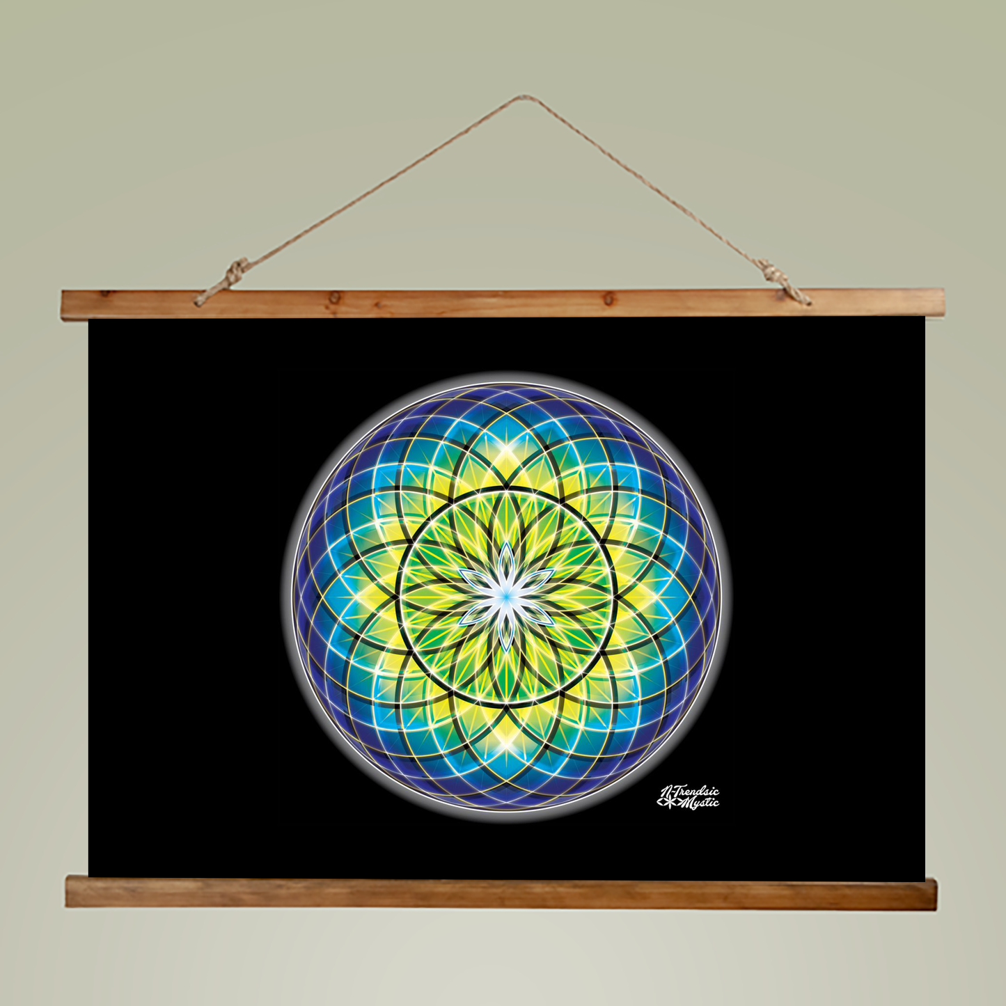 Golden Green Orb – Sacred Geometry - Wood Framed Mandala - Wall Tapestry - Home Decor - Perfect Gift