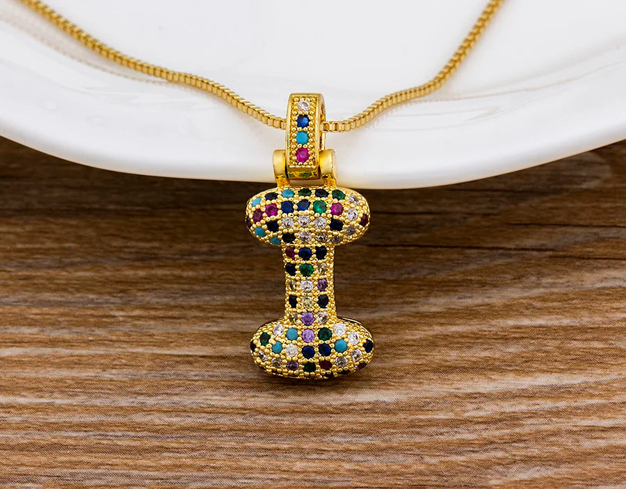 Nidin Fashion Luxury 26 Letters Copper Zircon Pendant Necklace for Women Rainbow Initials Name Necklace Wedding Party Jewelry