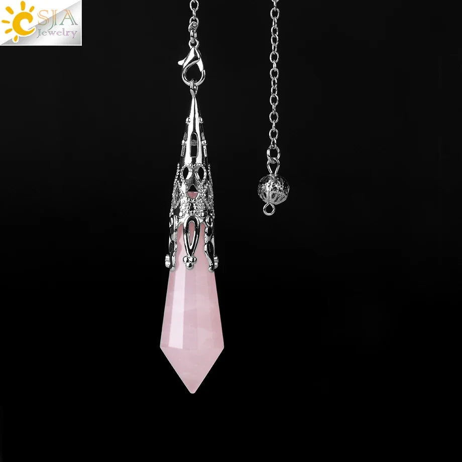 CSJA Natural Stone Crystal Pendulum for Dowsing Antique Pendant Amulet Crystals Divination Pink Quartz Pendulums Pendules G891