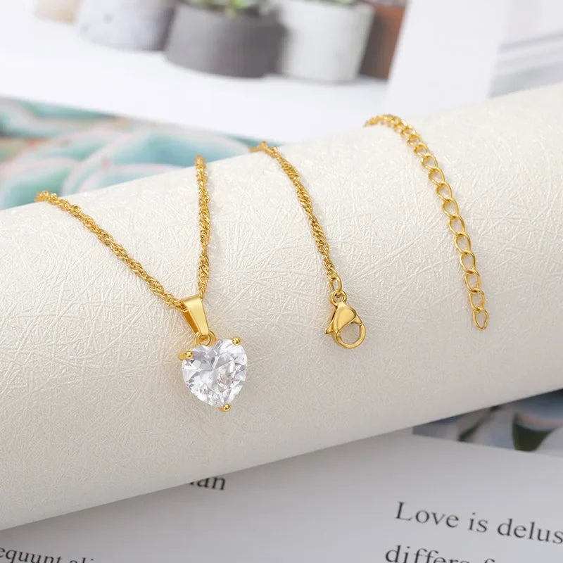 Heart Necklaces For Women Stainless Steel Gold Plated Chain Zircon Heart Pendant Choker Necklace Wedding Boho Jewelry Gift Femme