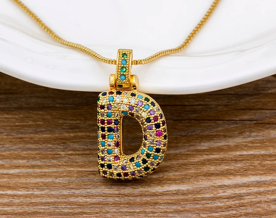 Nidin Fashion Luxury 26 Letters Copper Zircon Pendant Necklace for Women Rainbow Initials Name Necklace Wedding Party Jewelry