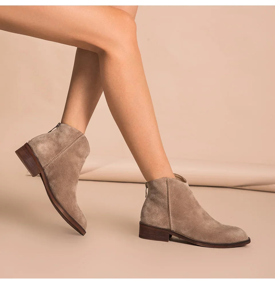 BEAUTODAY Suede Ankle Boots Women Soft Cow Leather Back Zip V-shape Ladies Autumn Winter Boots Handmade 03274