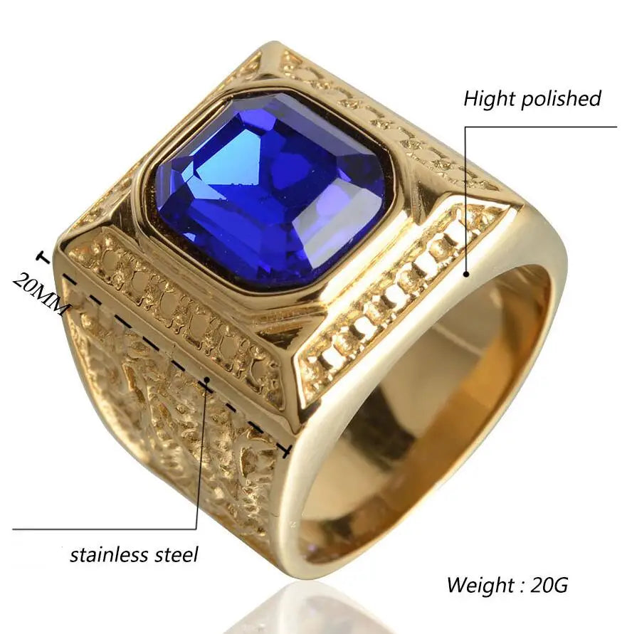 Keisha Lena Gold Plated Titanium Steel Inlay Red Blue Square Stone Men Ring Australian Gem Zirconia Wedding Ring Christmas Gift