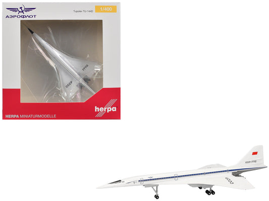 Tupolev Tu-144D Commercial Aircraft "Aeroflt - Technik Museum Sinsheim" (CCCP-77112) White with Blue Stripes 1/400 Diecast Model Airplane by Herpa