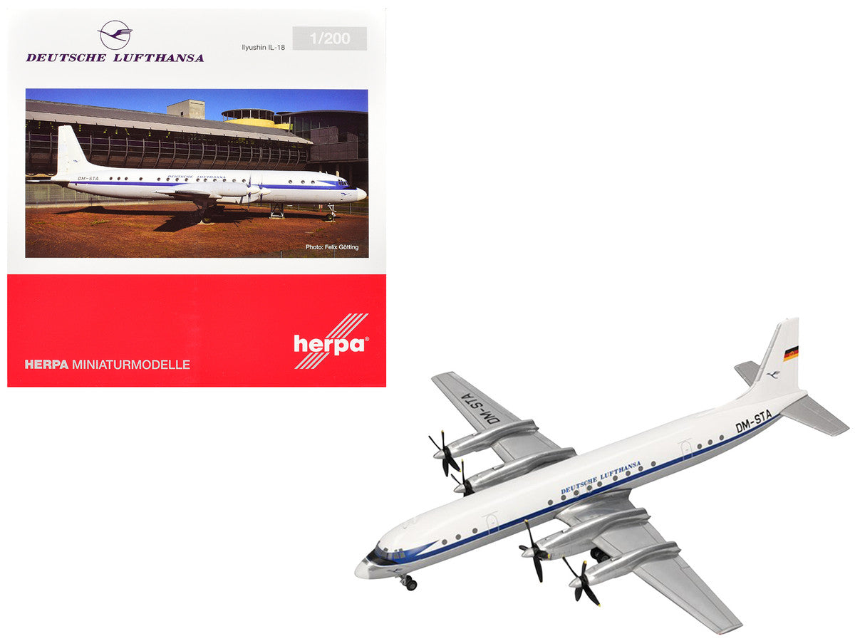 Ilyushin IL-18 Commercial Aircraft "Deutsche Lufthansa" (DM-STA) White with Blue Stripes 1/200 Diecast Model by Herpa