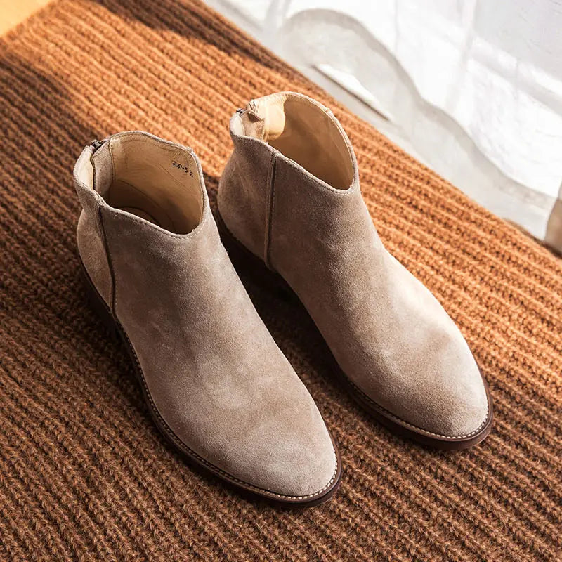 BEAUTODAY Suede Ankle Boots Women Soft Cow Leather Back Zip V-shape Ladies Autumn Winter Boots Handmade 03274