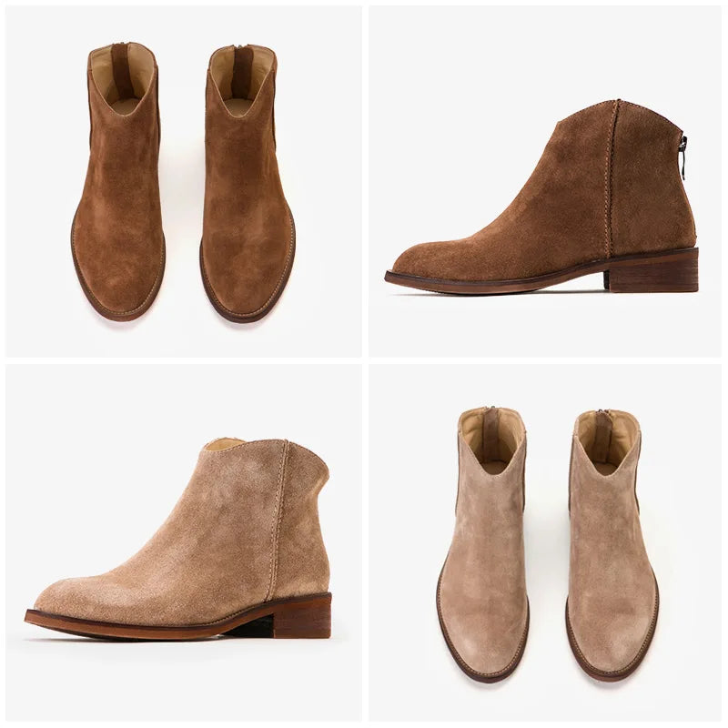 BEAUTODAY Suede Ankle Boots Women Soft Cow Leather Back Zip V-shape Ladies Autumn Winter Boots Handmade 03274