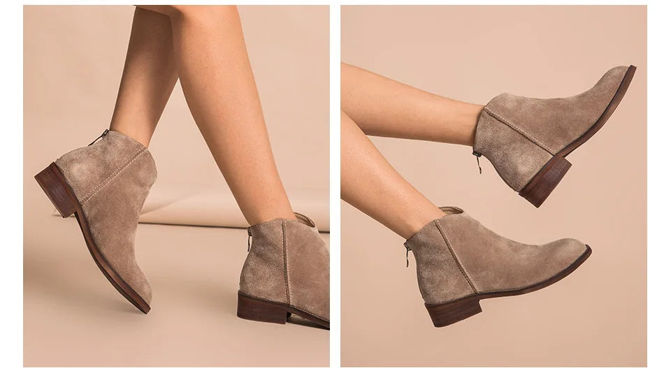BEAUTODAY Suede Ankle Boots Women Soft Cow Leather Back Zip V-shape Ladies Autumn Winter Boots Handmade 03274