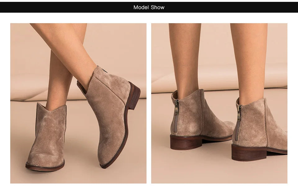 BEAUTODAY Suede Ankle Boots Women Soft Cow Leather Back Zip V-shape Ladies Autumn Winter Boots Handmade 03274