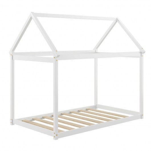Stable Kids Platform Floor Bed with Roof and Heavy-Duty Slats-Gray