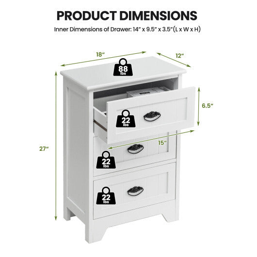 3 Drawers End Storage Wood Side Nightstand-Black
