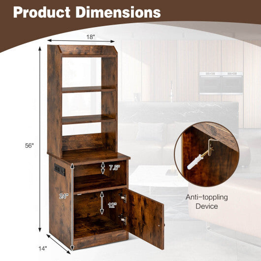6-Tier Bookshelf Nightstand with Charging Station and Cabinet-Rustic Brown