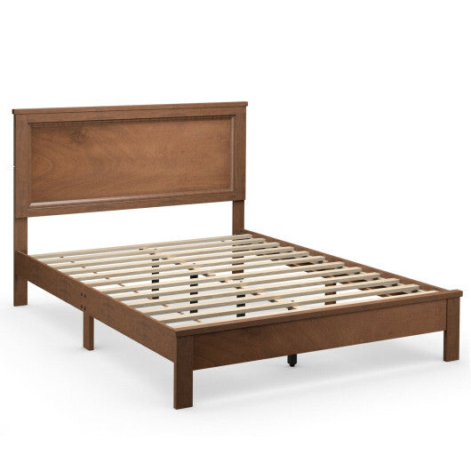 Queen Size Bed Frame Platform Slat High Headboard Bedroom with Rubber Wood Leg-Black