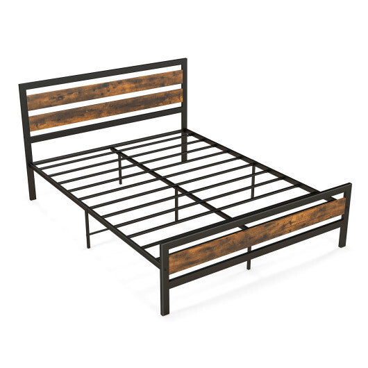 Full/Queen Industrial Bed Frame with Rustic Headboard and Footboard-Full Size