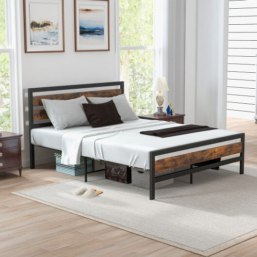 Full/Queen Industrial Bed Frame with Rustic Headboard and Footboard-Full Size