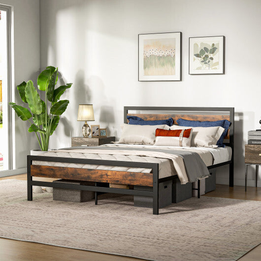 Full/Queen Industrial Bed Frame with Rustic Headboard and Footboard-Full Size