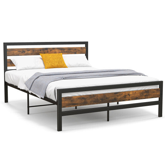 Full/Queen Industrial Bed Frame with Rustic Headboard and Footboard-Full Size