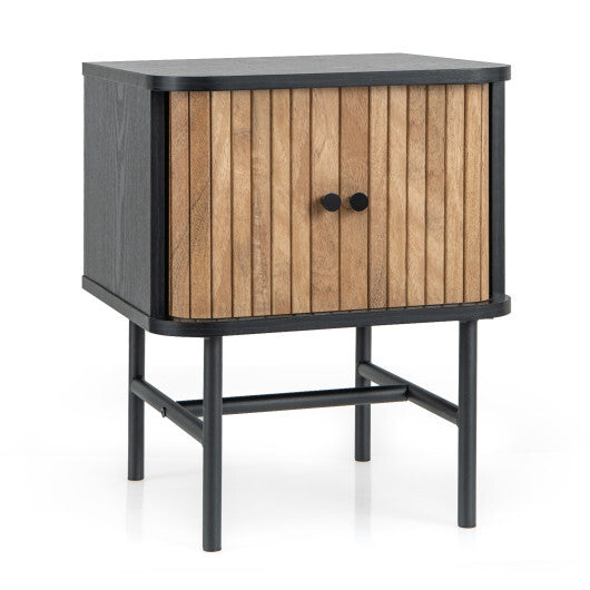 Mid-century Modern Nightstand with Sliding Doors and Storage Cabinet-White