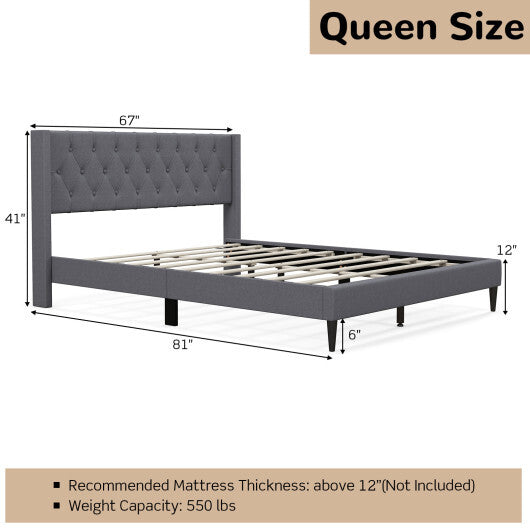 Queen Size Upholstered Platform Bed with Button Tufted Wingback Headboard-Blue