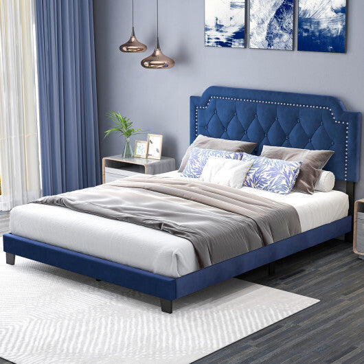 Queen Size Velvet Platform Bed with Button Tufted and Nailhead Trim Headboard-Queen Size