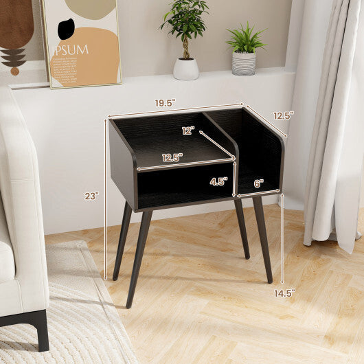 Mid Century Modern Nightstand  with Open Shelves-Brown