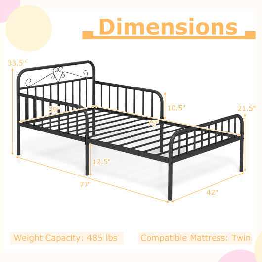 Twin Size Bed Frame with Headboard and Safety Side Guardrails-Gold