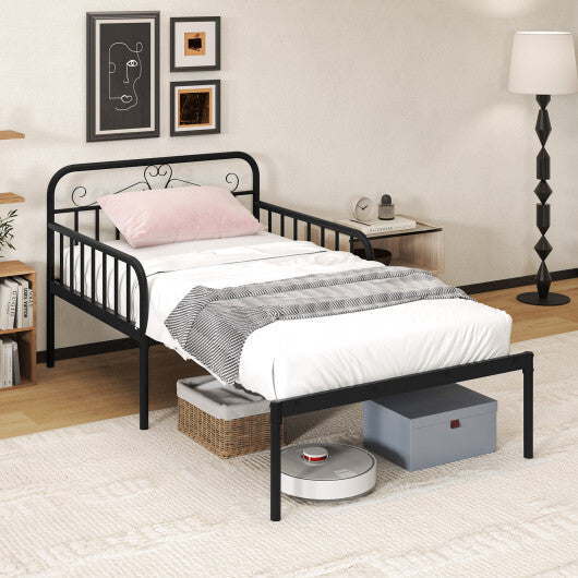 Extendable Metal Daybed to Twin Size Bed with Guardrails and Armrests-White