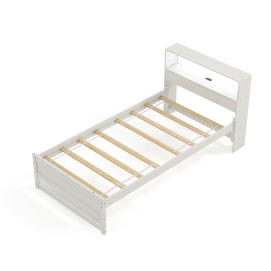 Twin Size Bed Frame with Storage Headboard and Charging Station-Gray