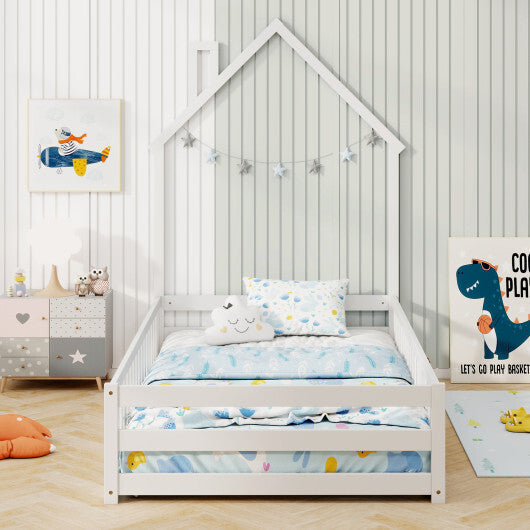 Twin Size Montessori Floor Bed with Lockable Door and Full-Length Guardrail-Gray