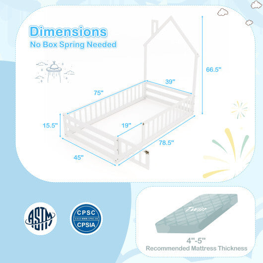 Twin Size Montessori Floor Bed with Lockable Door and Full-Length Guardrail-Gray