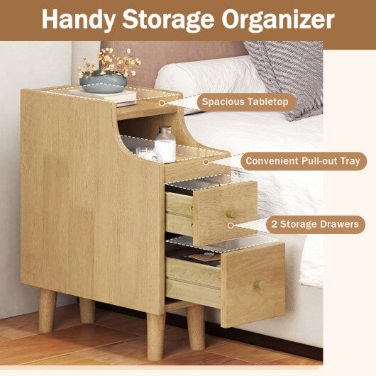Set of 2 Solid Wood Night Side Table with Pull-out Tray and 2 Storage Drawers-Natural