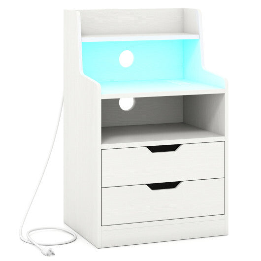 Nightstand with LED Light and Charging Station for Living Room Bedroom-Black