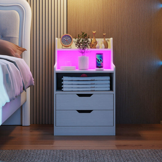 Nightstand with LED Light and Charging Station for Living Room Bedroom-Black