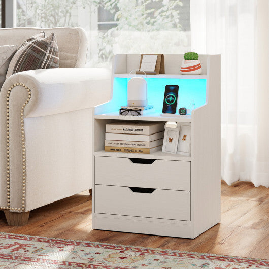Nightstand with LED Light and Charging Station for Living Room Bedroom-Black