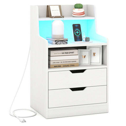 Nightstand with LED Light and Charging Station for Living Room Bedroom-Black