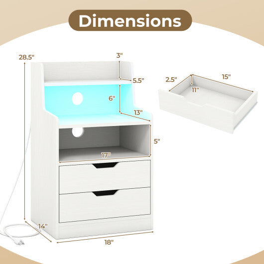 Nightstand with LED Light and Charging Station for Living Room Bedroom-Black