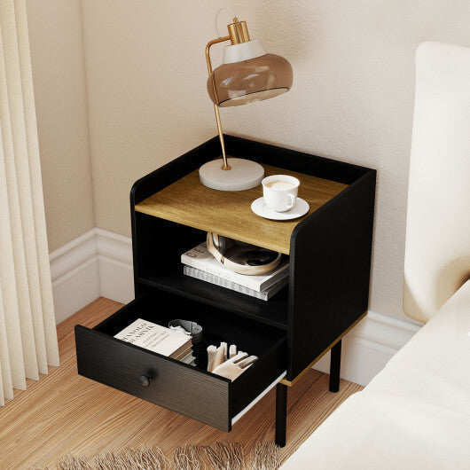 Nightstand with Drawer 3-Tier Sofa Side Table with Open Storage Shelf-Black