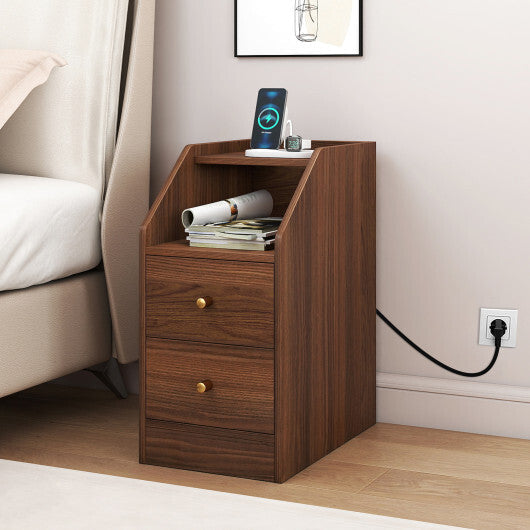 Side End Table with Charging Station Sofa Couch Table with Shelf Drawers-Walnut