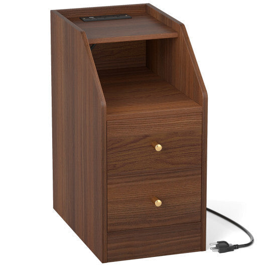 Side End Table with Charging Station Sofa Couch Table with Shelf Drawers-Walnut