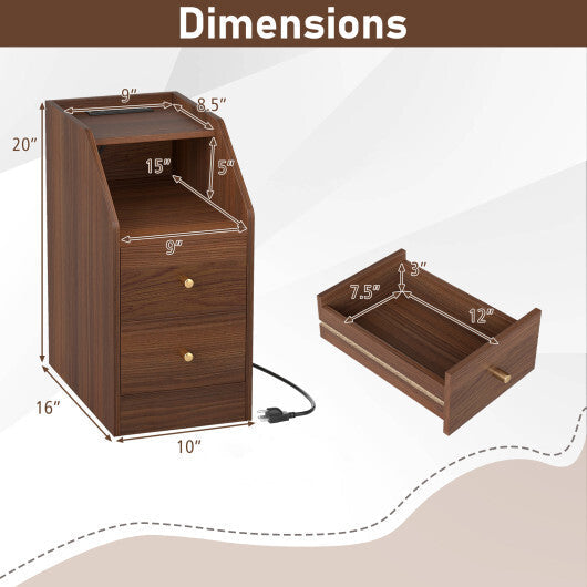 Side End Table with Charging Station Sofa Couch Table with Shelf Drawers-Walnut
