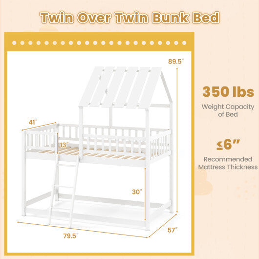 Twin Over Twin House Bunk Bed with Roof and Full-length Guardrails for Kids Teens Boys Girls-White