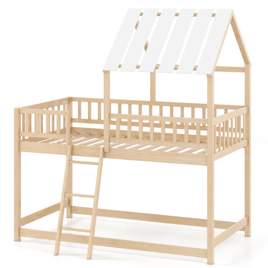 Twin Over Twin House Bunk Bed with Roof and Full-length Guardrails for Kids Teens Boys Girls-White