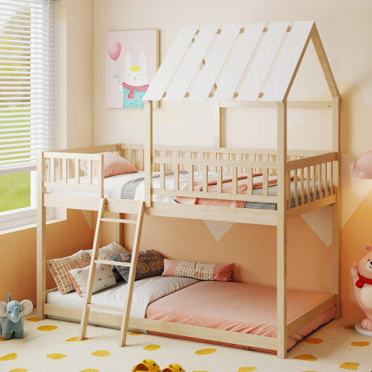 Twin Over Twin House Bunk Bed with Roof and Full-length Guardrails for Kids Teens Boys Girls-White