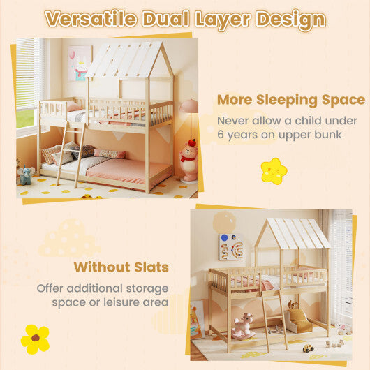 Twin Over Twin House Bunk Bed with Roof and Full-length Guardrails for Kids Teens Boys Girls-White