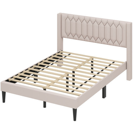 Queen Size Dutch Velvet/Linen Fabric Upholstered Platform Bed with Wingback Headboard and Wooden Slat Support-Gray?