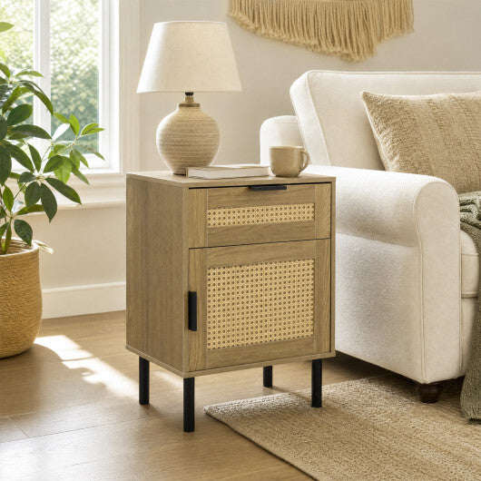 Rattan Nightstand with Drawer and Storage Cabinet for Bedroom Dorm-Natrual