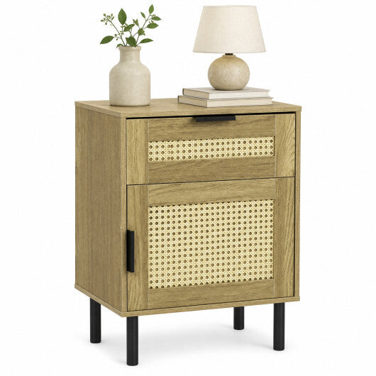 Rattan Nightstand with Drawer and Storage Cabinet for Bedroom Dorm-Natrual
