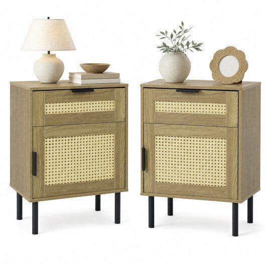 Set of 2 Rattan Nightstand with Drawer and Storage Cabinet for Bedroom Dorm-Natrual