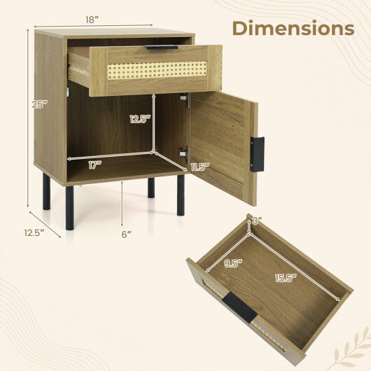 Set of 2 Rattan Nightstand with Drawer and Storage Cabinet for Bedroom Dorm-Natrual